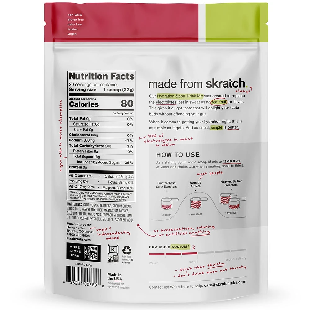 Skratch Labs Hydration Drink Mix 440g Raspberry Limeade 20 Serve 3 Skratch Labs Hydration Drink Mix 440g Raspberry Limeade 20 Serve - Image 3